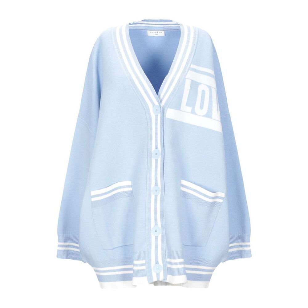 Sandro Paris Opera 'LOVE' Varsity Striped Cardigan Sweater Blue & White L - Picture 3 of 16